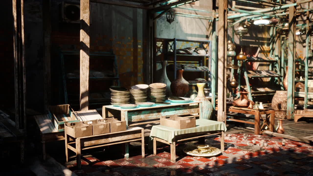 Vicolo di mercato vivace che espone ceramiche antiche sotto una luce soffusa.