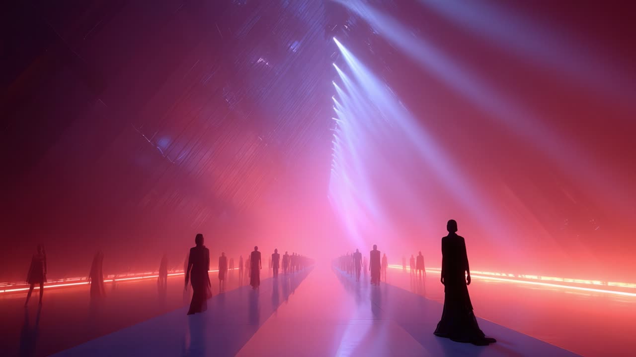 A mesmerizing view of silhouetted figures standing in an ethereal environment illuminated by striking beams of light, with a blend of vivid colors creating a captivating and surreal atmosphere. Fashion meets art