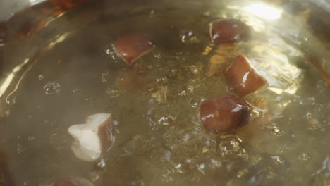 close up of mushrooms dropped into the boiling soup pot. vegetarian concept. sukiyaki or shabu