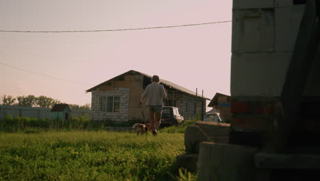 dog owner holding leash while walking alongside dog on grassy field under bright sunlight, with residential buildings and parked cars in the background