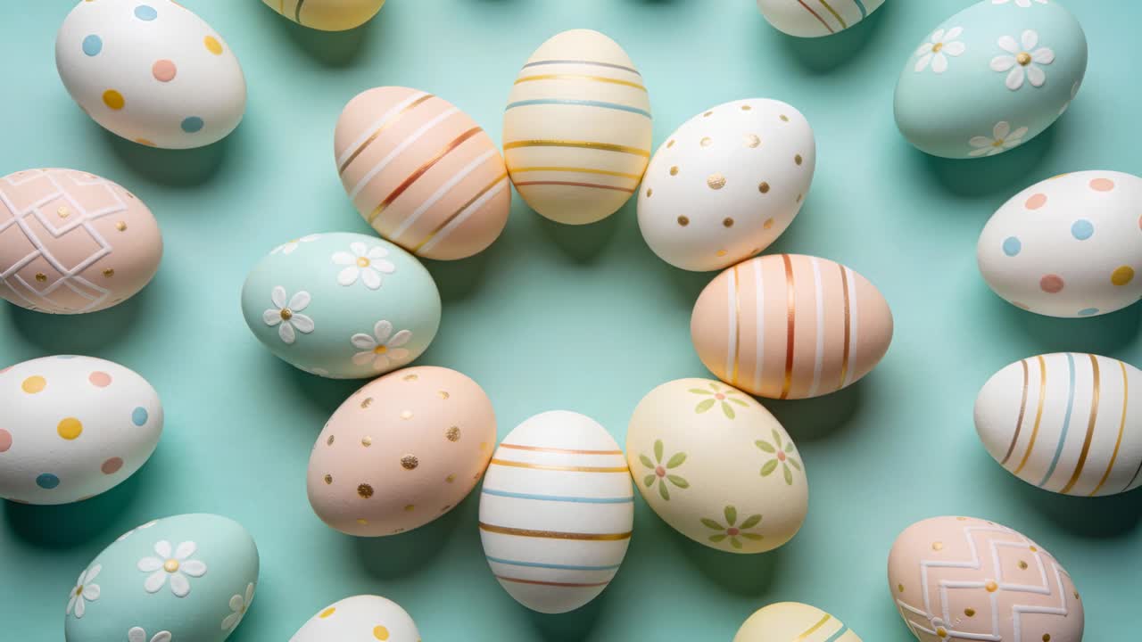 Camera slowly rotating and zooming over ring of pastel eggs on mint mat, revealing craft patterns