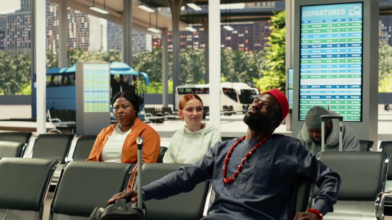 Crowd of travelers in modern station hall waiting for interstate departures