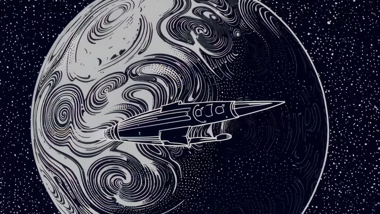 Retro Sci-Fi Rocket Flying Past a Swirling Planet in Space