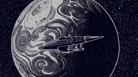 retro sci-fi rocket flying past a swirling planet in space