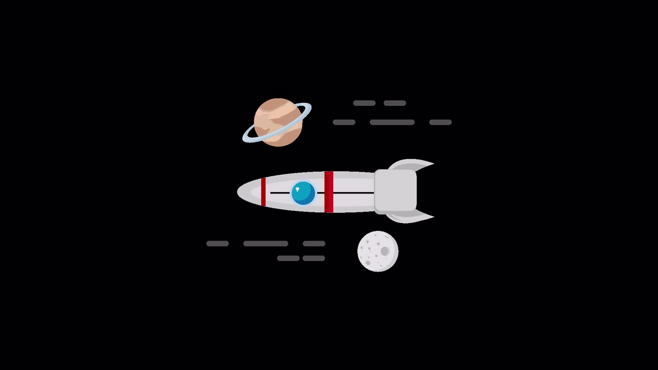 Cartoon Rocket Flying Through Outer Space with Planet and Moon