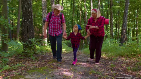 Active-senior-grandmother-grandfather-tourists-walking-hiking-with-granddaughter-in-summer-wood