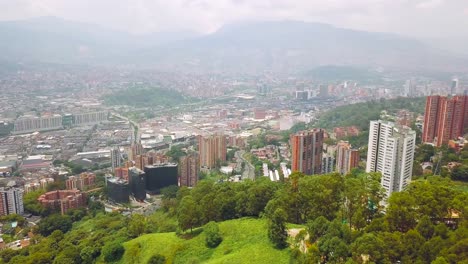 Slow-beautiful-panorama-shot-of-Medellin-skyline-and-city-center-Colombia