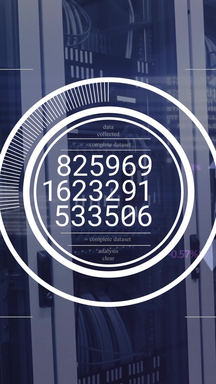 Animation of changing numbers over round scanner against computer server room