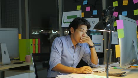 businessman working late at night, he's the only one left on the dark office