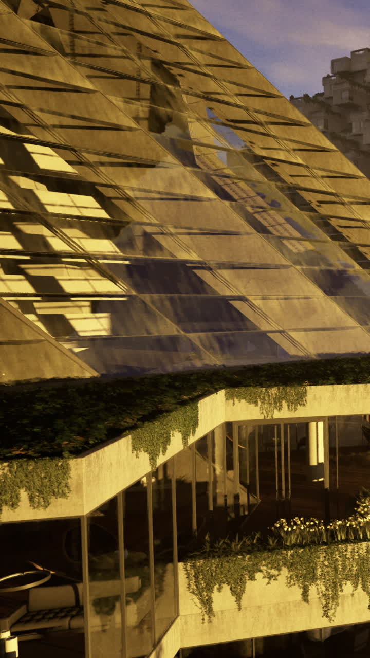 Edifício moderno com fachada de vidro e plantas em ambiente urbano ao pôr do sol.