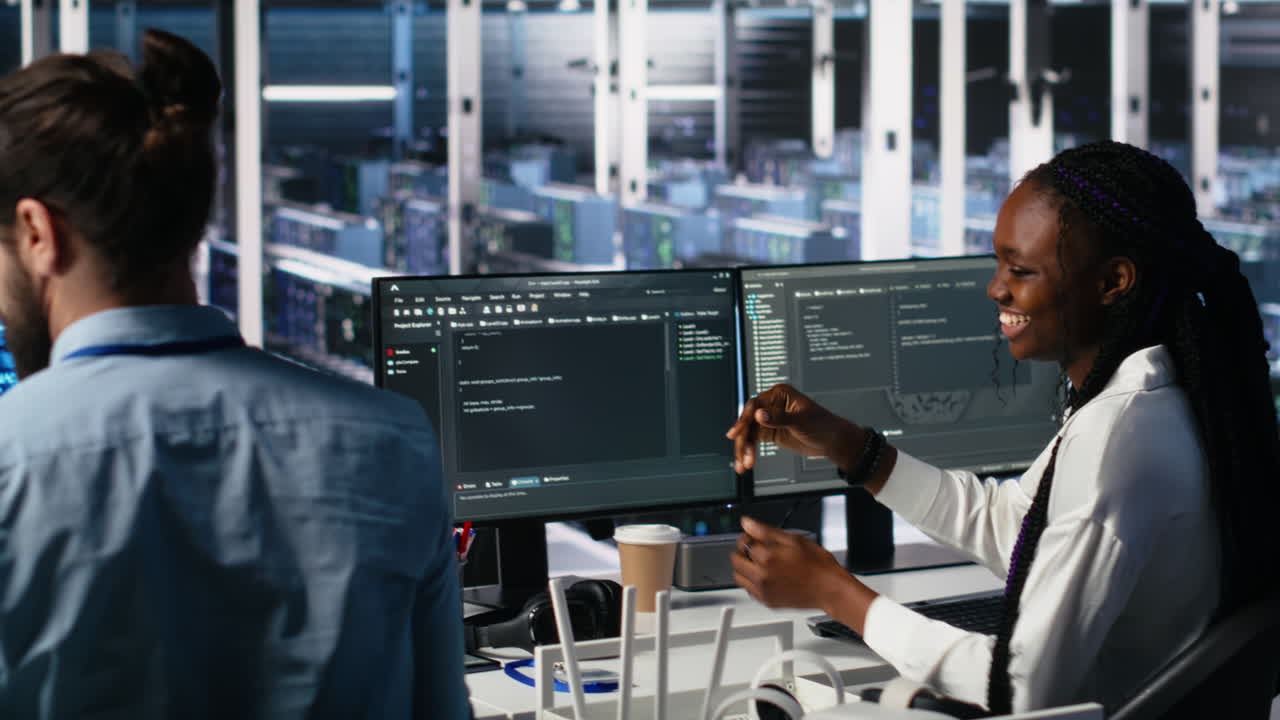 Data Center Coworkers Having Fun In Office, Using Ai