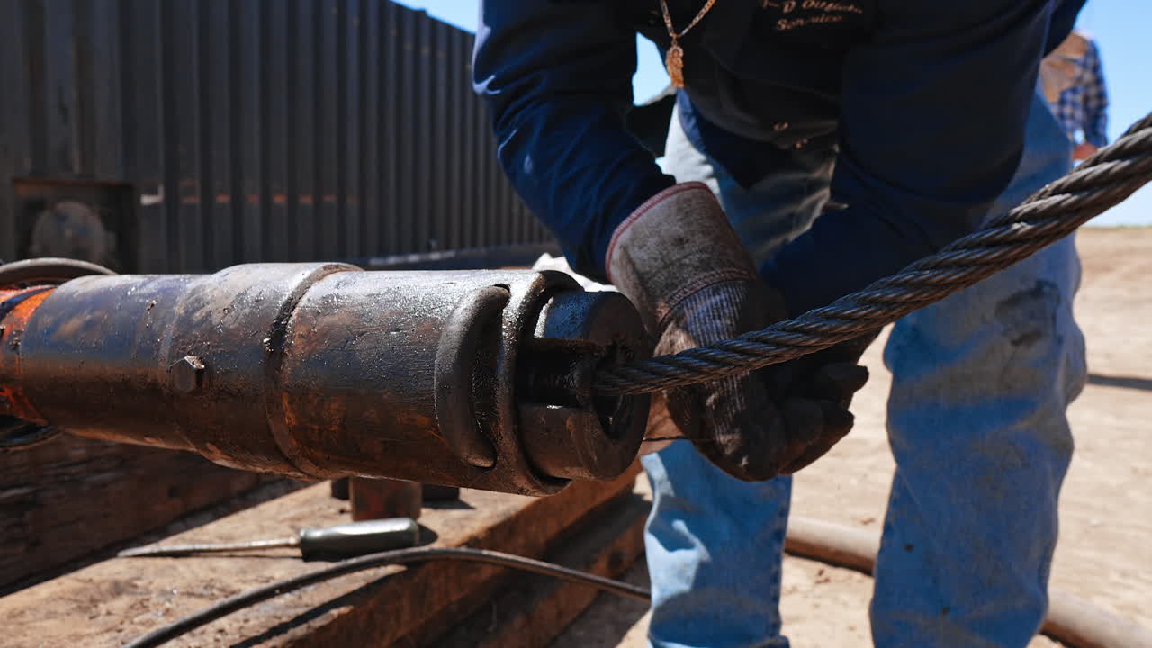 Unrecognized man in dirty protective gloves shoving a wire into the pipe. Worker adjusts the wire on the drilling equipment.