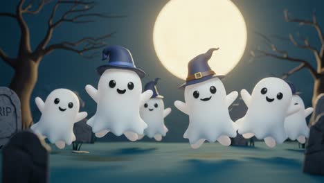 A whimsical gathering of playful, cartoonish ghosts in witch hats dancing joyfully under a full moon, surrounded by spooky trees and tombstones, creating a fun Halloween atmosphere