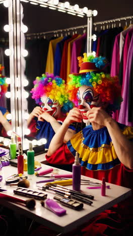clowns applying makeup in dressing room