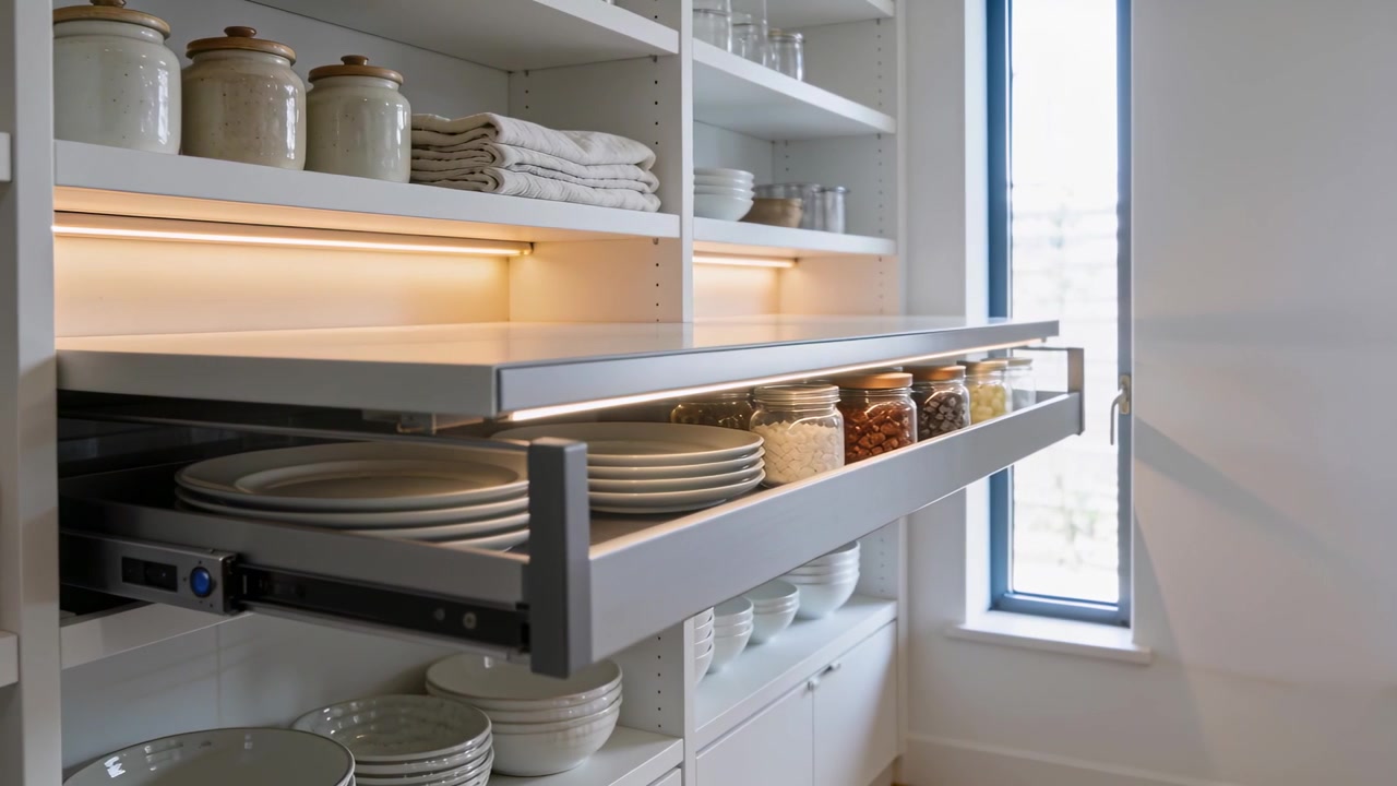 Sliding pullout drawer extending in pantry, blue LED signaling, showing plates, jars for access
