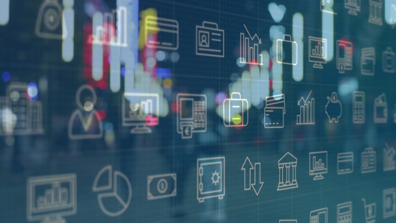 Displaying flat design finance interface floating over blurred city nightscape with grid icons