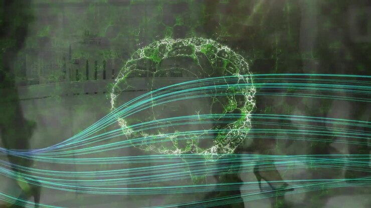 анимация человеческого мозга, вращающегося над людьми, идущими в быстром движении