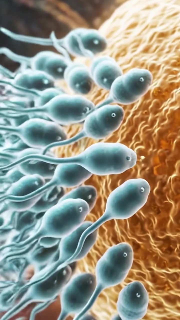 Detailed Visualization of Sperm Cells Approaching an Egg Cell: The Intricate Process of Fertilization at a Microscopic Level