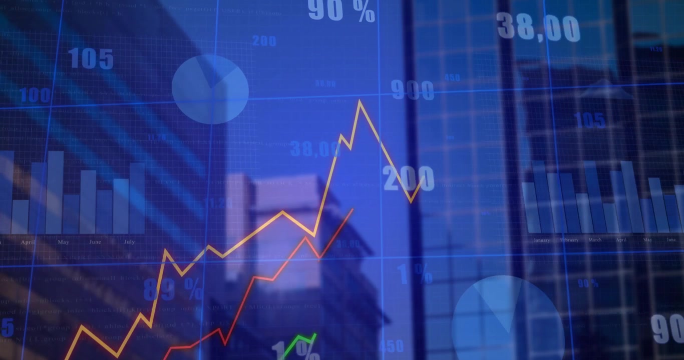 Linea gialla animata che sale mentre linee rosse e verdi oscillano dopo l'inizio per mostrare le tendenze di mercato.