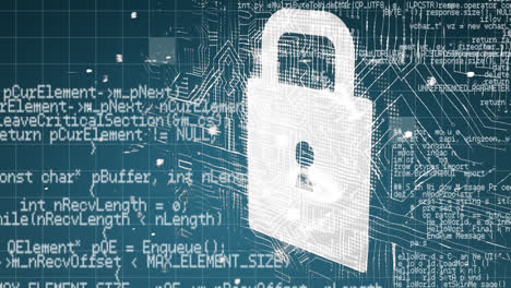 White data padlock and circuit baord on blue background