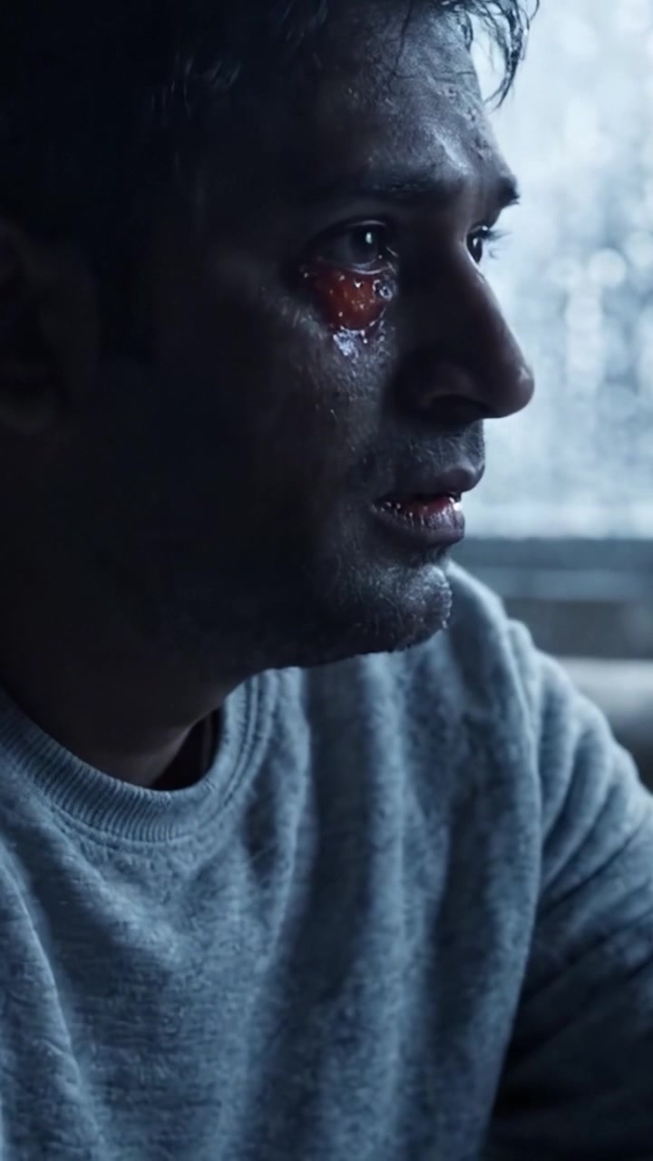 A contemplative moment captured in a series of images, showcasing deep emotional struggle and introspection as a man faces his internal turmoil in a somber setting.