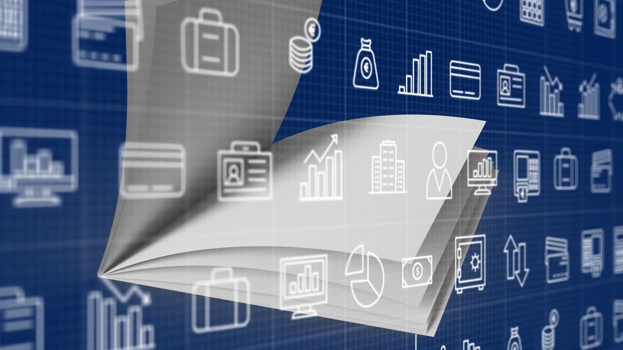 Animation of data processing and media icons over blue background