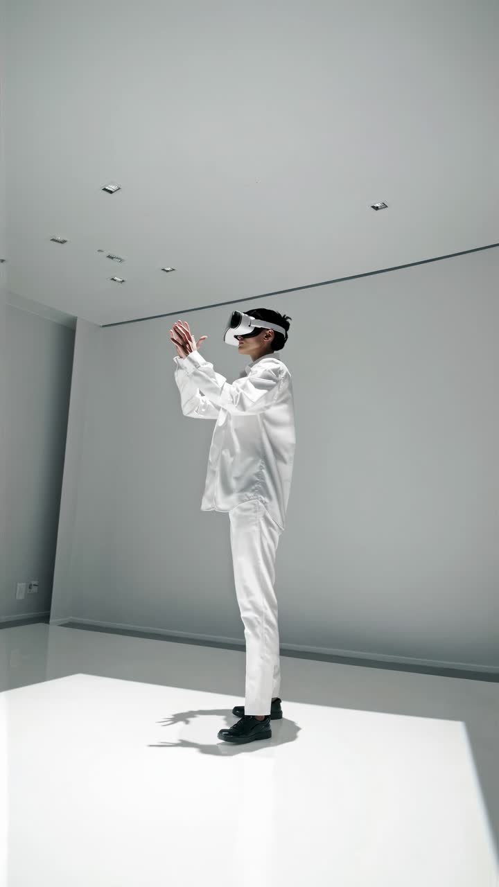 Una persona in abito bianco esplora la realtà virtuale con un visore