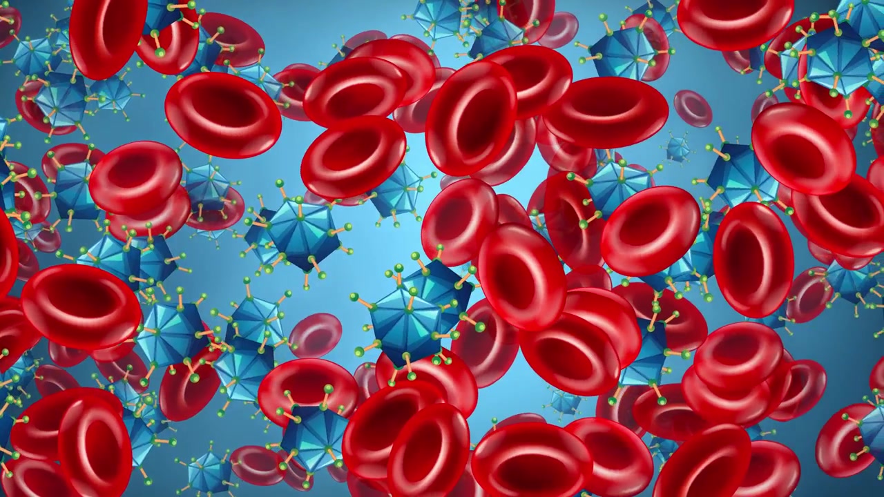 Red erythrocytes and blue geometric viruses drift across a blue background in a seamless loop.