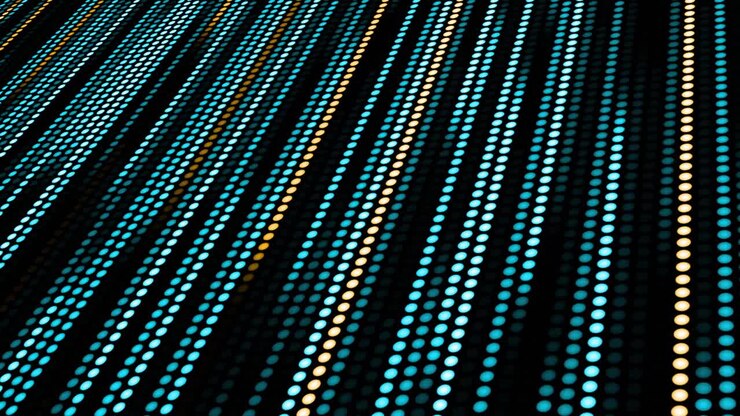 Animation of blue and yellow dotted light trails moving in hypnotic motion on seamless loop