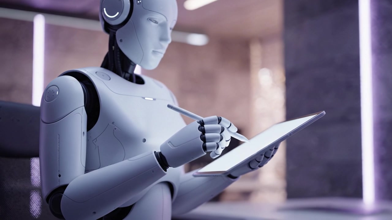 Un robot futuristico scrive meticolosamente su un tablet digitale, mostrando tecnologia avanzata e intelligenza artificiale in un ambiente di lavoro moderno.