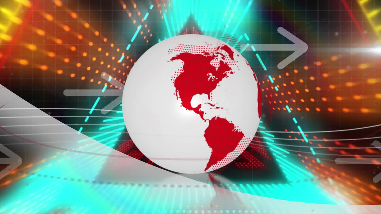 회전하는 지구와 화살표 아이콘에 대한 원활한 패턴으로 네온 삼각형 모양의 애니메이션