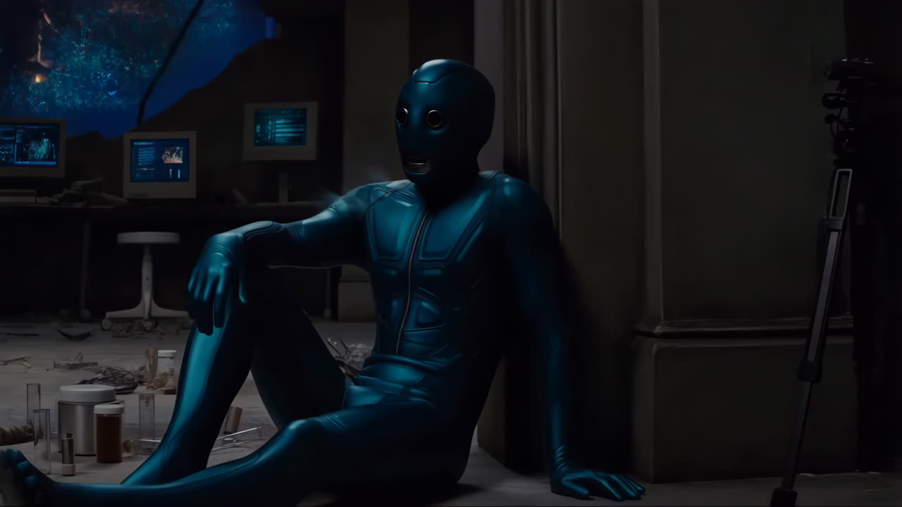 A mysterious masked figure in a futuristic laboratory setting