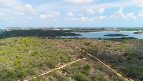 Aerial-ascend-above-Jan-thiel-zoutpannen-or-salt-pan-historical-region-of-Curacao