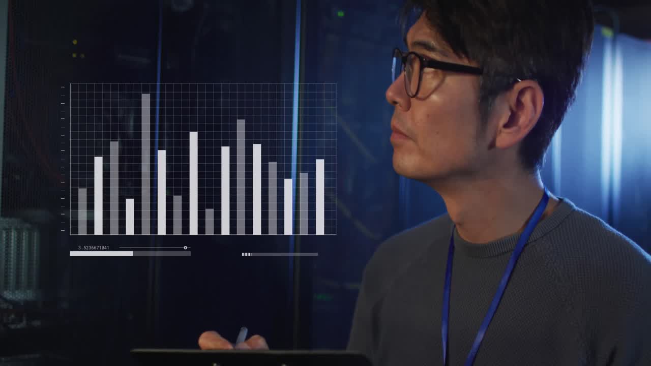 Animation of graphs and data over asian man working in server room