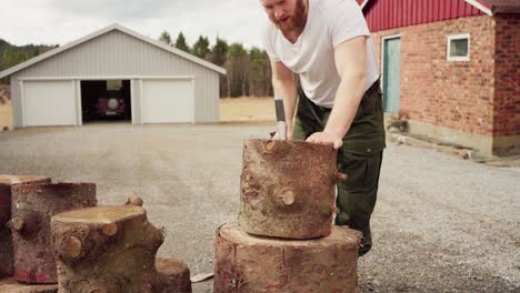 man using axe to cut log or stump - close up