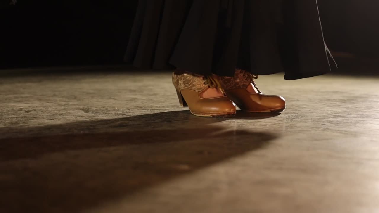 Flamenco dancers tap dancing on stage. Low POV, handheld