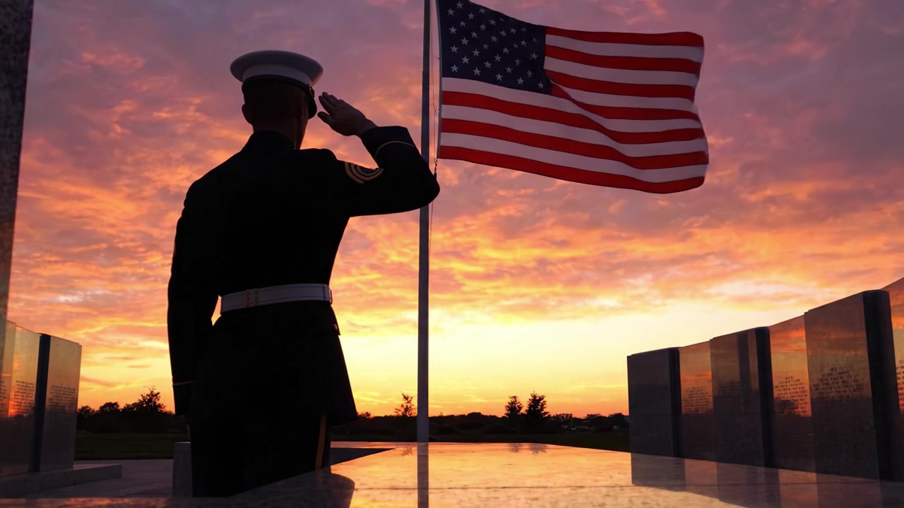 Un Marine saluta la bandiera americana sullo sfondo di un tramonto mozzafiato, simboleggiando onore, rispetto e lo spirito di patriottismo in un ambiente commemorativo sereno.