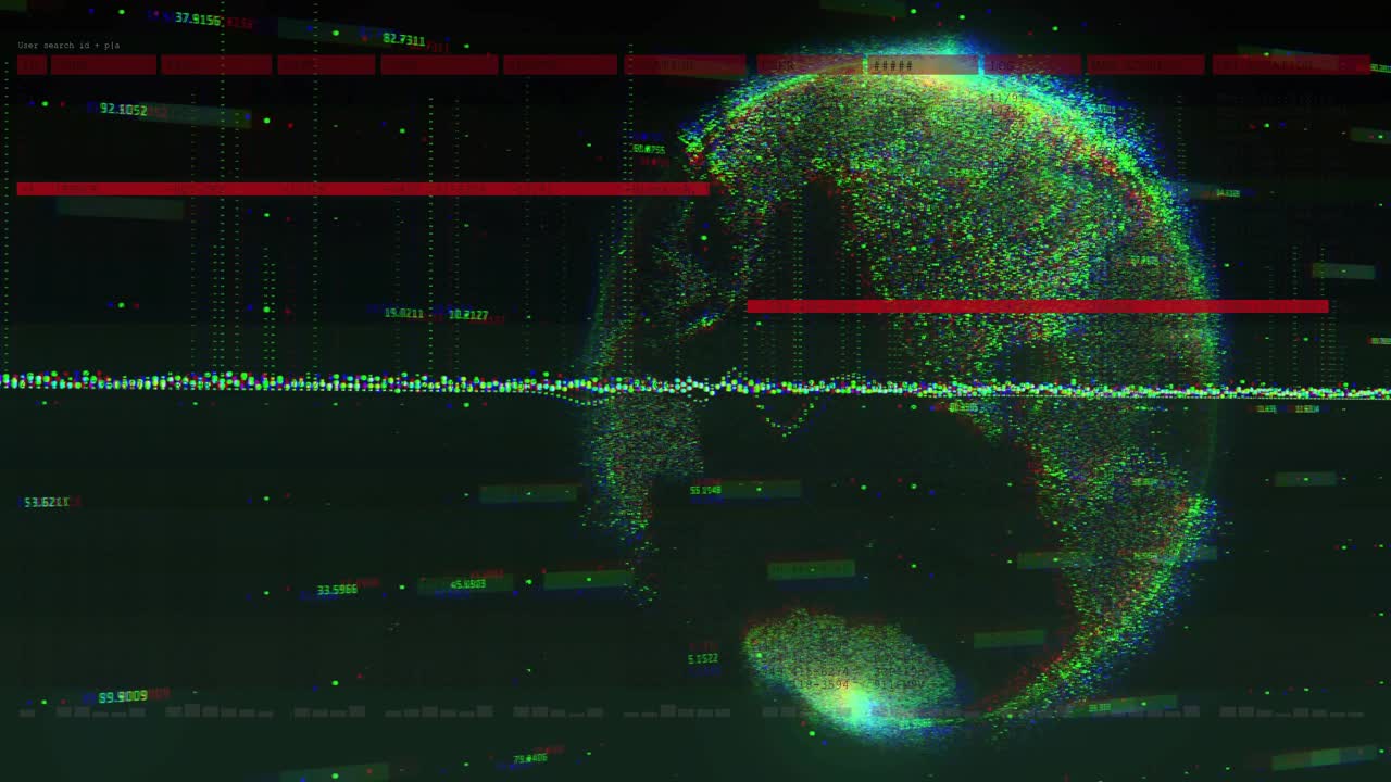 Data-driven globe being visualized in 3D render with streaming lines, glowing dots, floating labels