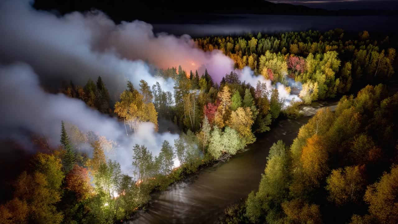 A Stunning Aerial View of a Misty River Surrounded by Vibrant Autumn Foliage, Unveiling the Natural Beauty of a Serene Landscape at Night