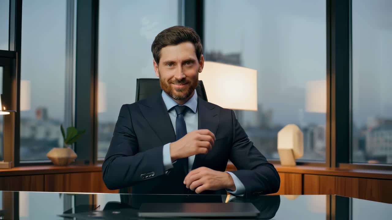 Smilende forretningschef klædt i et elegant jakkesæt, sidder selvsikkert ved et skrivebord på et moderne kontor og udstråler professionalisme og succes.