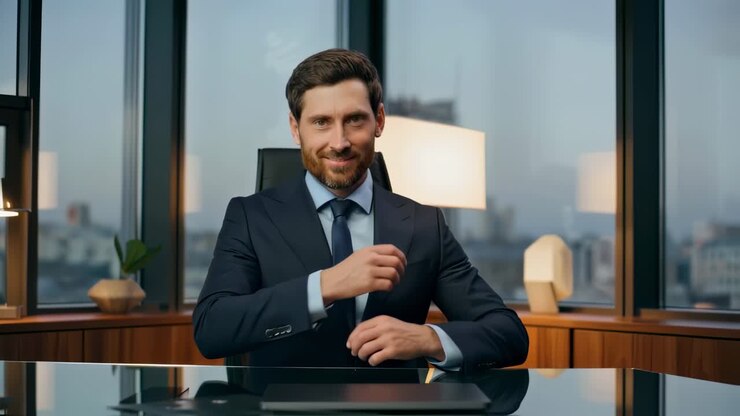 Smiling business manager dressed in an elegant suit, sitting confidently at a desk in a modern office, exuding professionalism and success