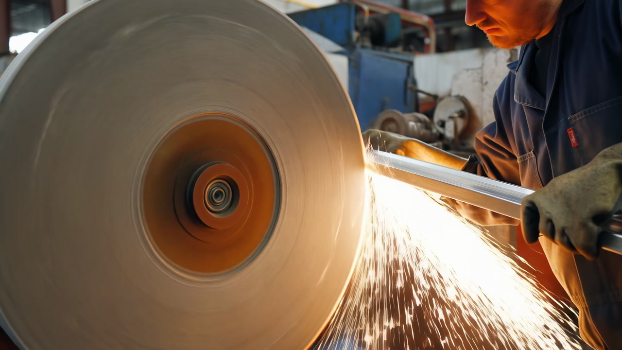 Worker Grinding Steel With Sparks, Machinist Uses Large Rotating Grinding Wheel To Shape And Polish Metal Bar,