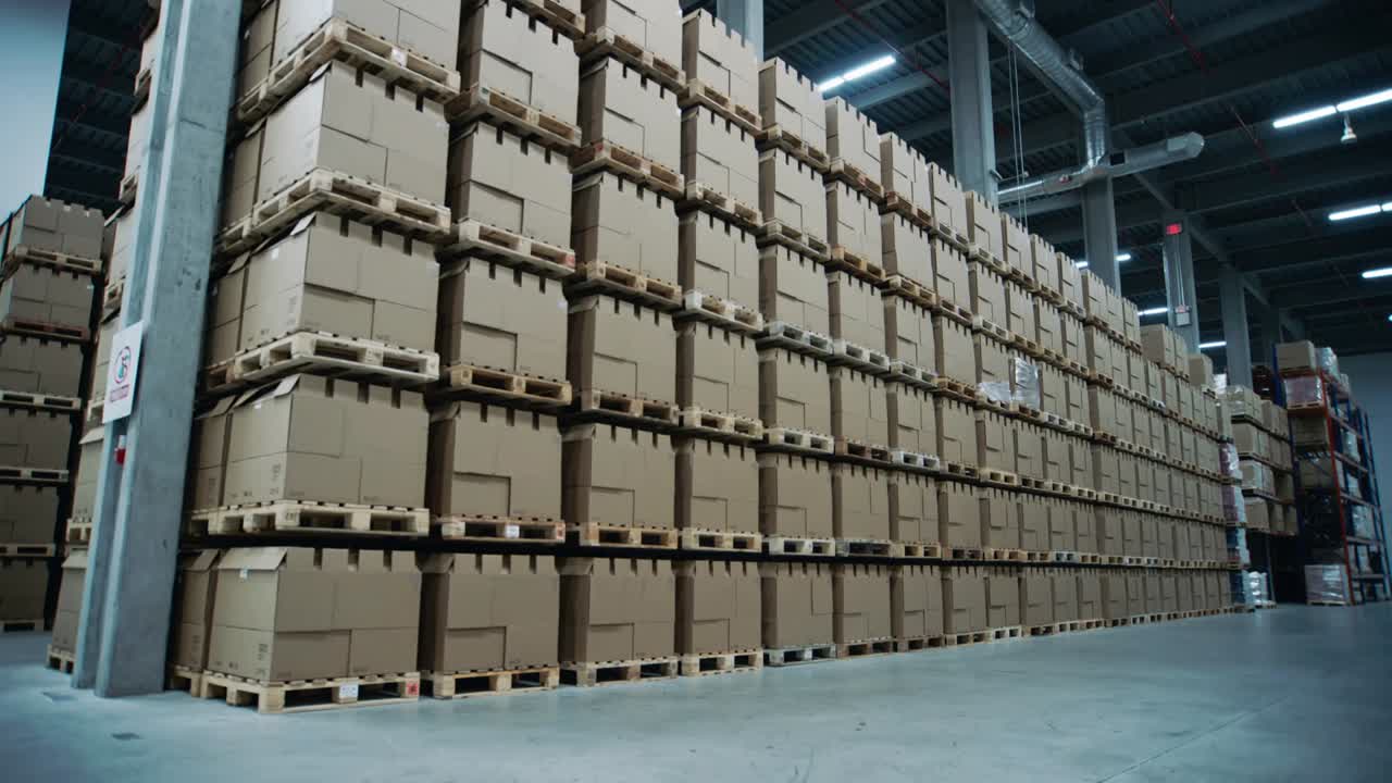 Showing wall of cardboard boxes at center-right in warehouse, camera moving forward revealing label