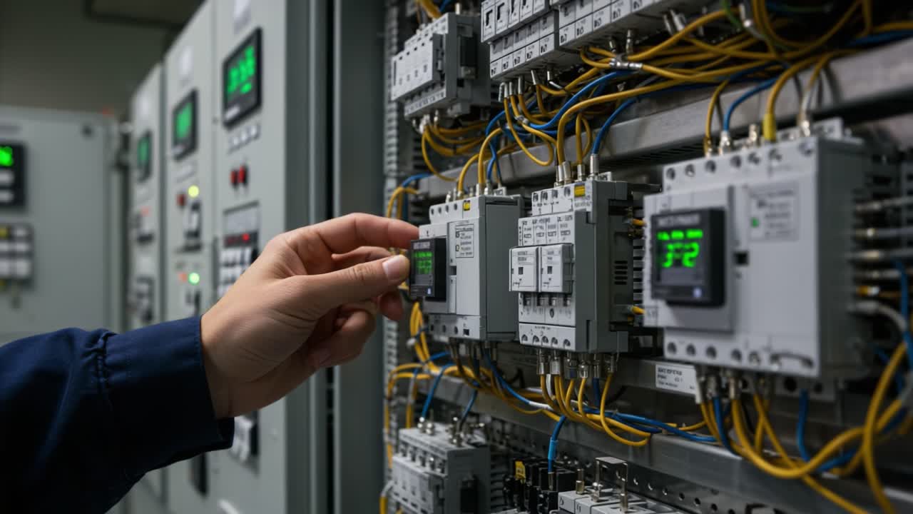 Inspecting Electrical Control Panels: A Technician Adjusts Settings on a Complex Array of Devices and Circuits in a Modern Industrial Environment