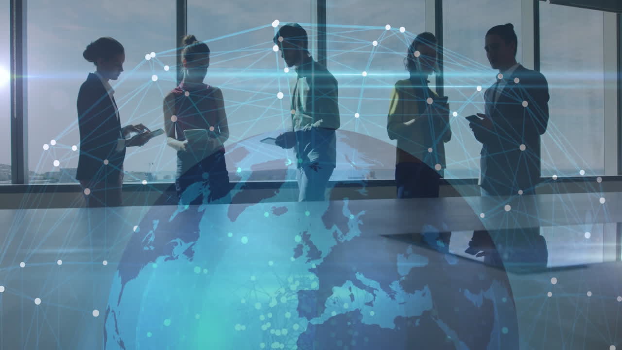글로벌 네트워크 연결 및 데이터 처리 애니메이션 오피스의 비즈니스 사람들