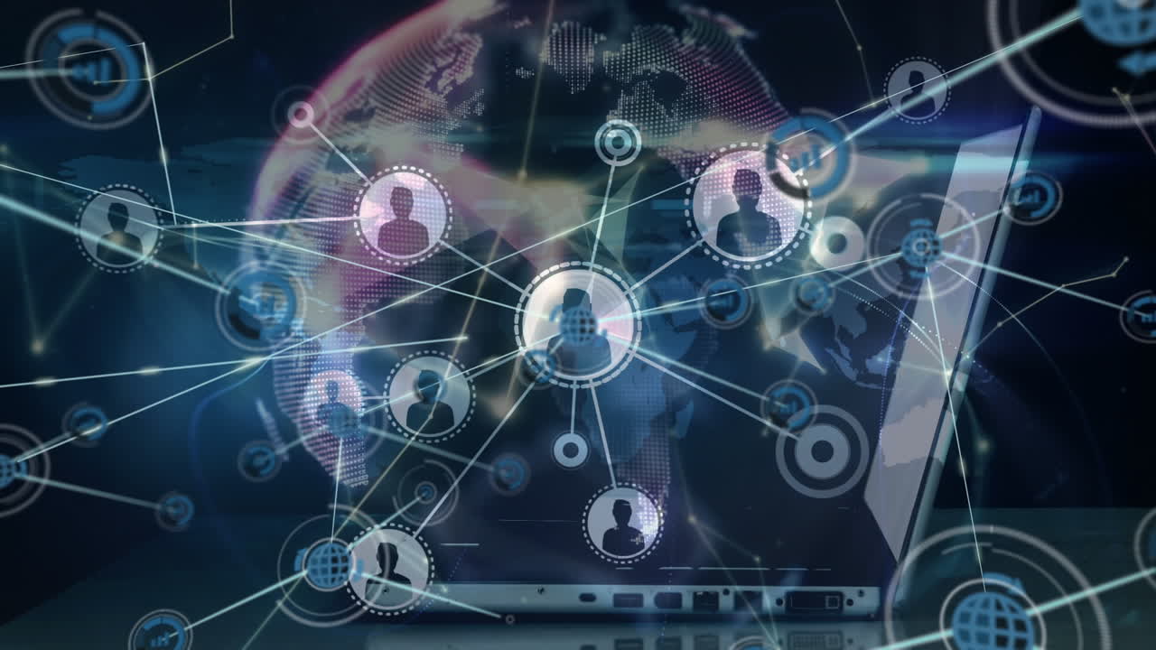 animación de la creciente red de personas iconos en todo el mundo y manos usando computadora