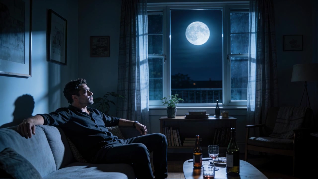 Uomo pensieroso che si appoggia e guarda la finestra del soggiorno, luna piena che splende, bottiglie sul tavolo