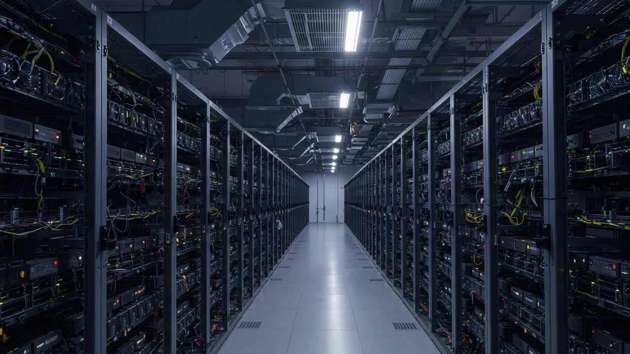 A Modern Data Center: An Insight into the Intricate Infrastructure of High-Tech Server Racks and Advanced Networking Equipment in a Controlled Environment
