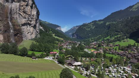 aerial - lauterbrunnen valley with waterfalls and mountain views in switzerland