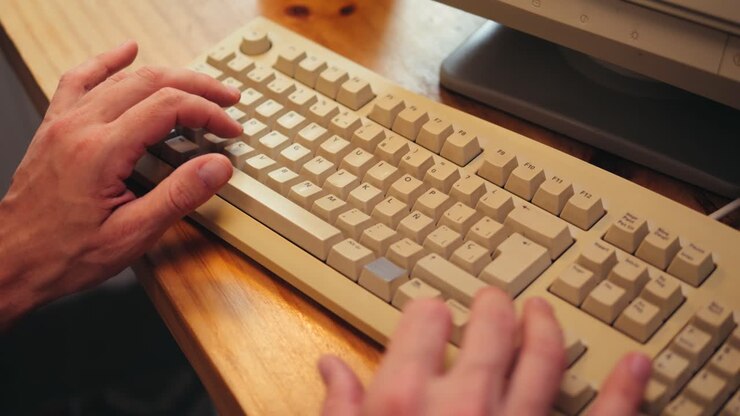 Mies työskentelemässä ja pelaamassa retro-tietokoneella, IT-insinööri vintage-tietokoneen kanssa kotona, käyttäen vanhanaikaista teknologiaa, lähikuva retro-asetelmasta.